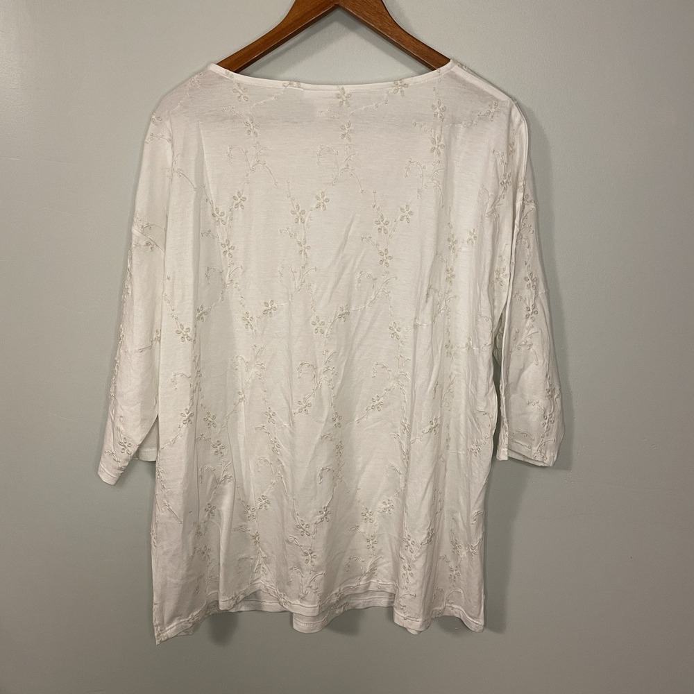 J Jill Top Sz XL White Embroidered Blouse Round Neck 3/4 Sleeve Cottagecore - Picture 4 of 6